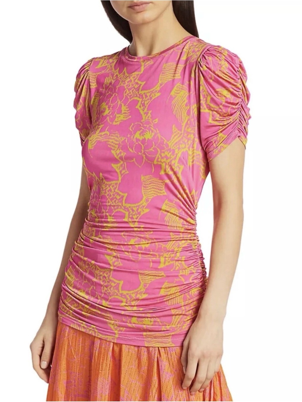 Tanya Taylor Chaia Floral Ruched Jersey Top in Ikat Flower Pink